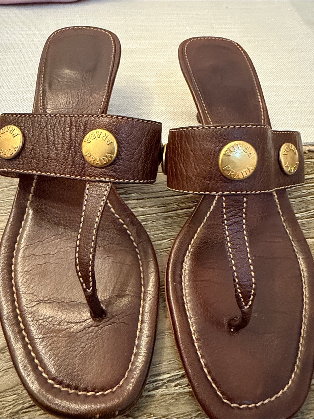 Prada Brown Leather Thong Sandals with Gold Logo Discs